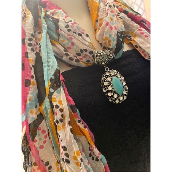 Beautiful Multicolored Scarf With Turquoise Silver Bling Embellishment - Picture 8 of 9